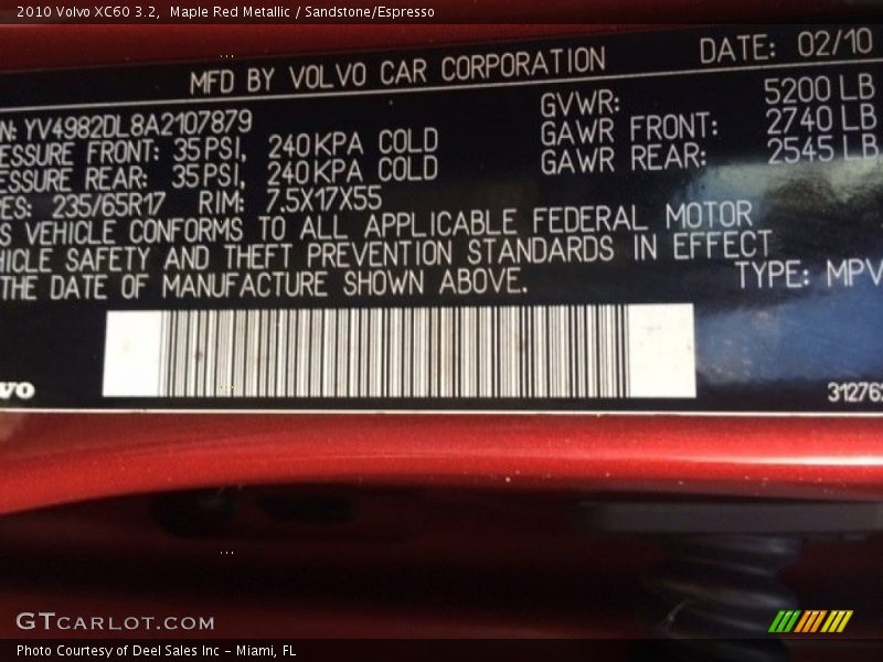 Maple Red Metallic / Sandstone/Espresso 2010 Volvo XC60 3.2