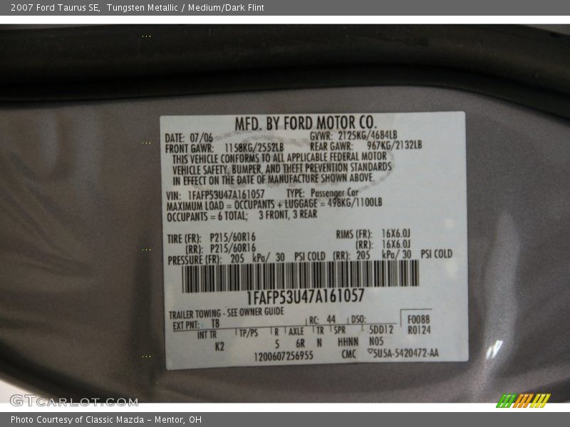 2007 Taurus SE Tungsten Metallic Color Code T8