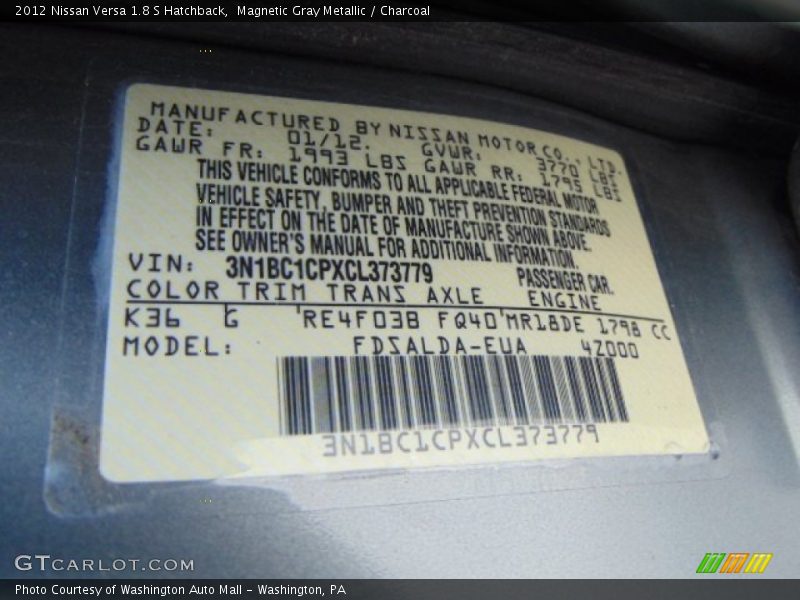 Magnetic Gray Metallic / Charcoal 2012 Nissan Versa 1.8 S Hatchback