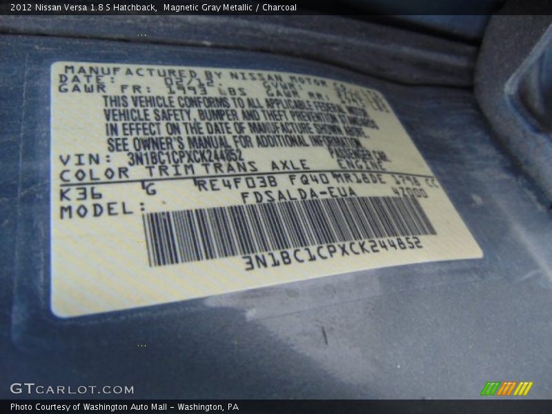 Magnetic Gray Metallic / Charcoal 2012 Nissan Versa 1.8 S Hatchback