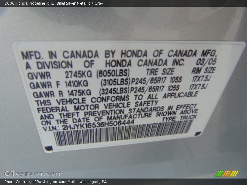 Billet Silver Metallic / Gray 2006 Honda Ridgeline RTL