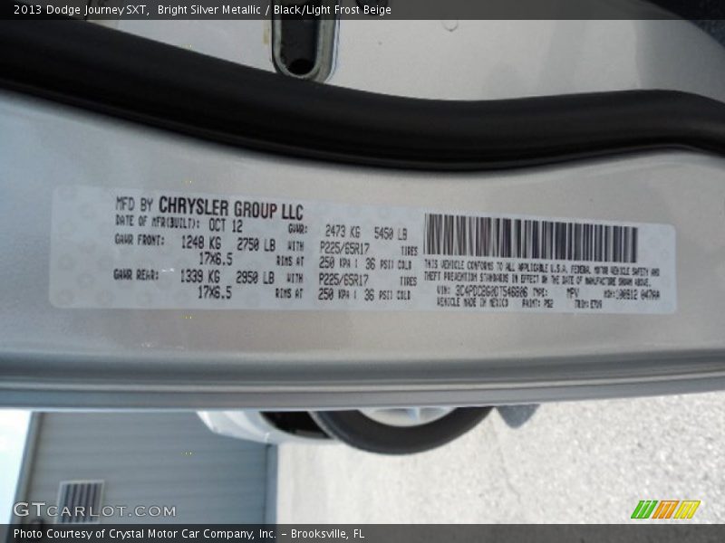 Bright Silver Metallic / Black/Light Frost Beige 2013 Dodge Journey SXT