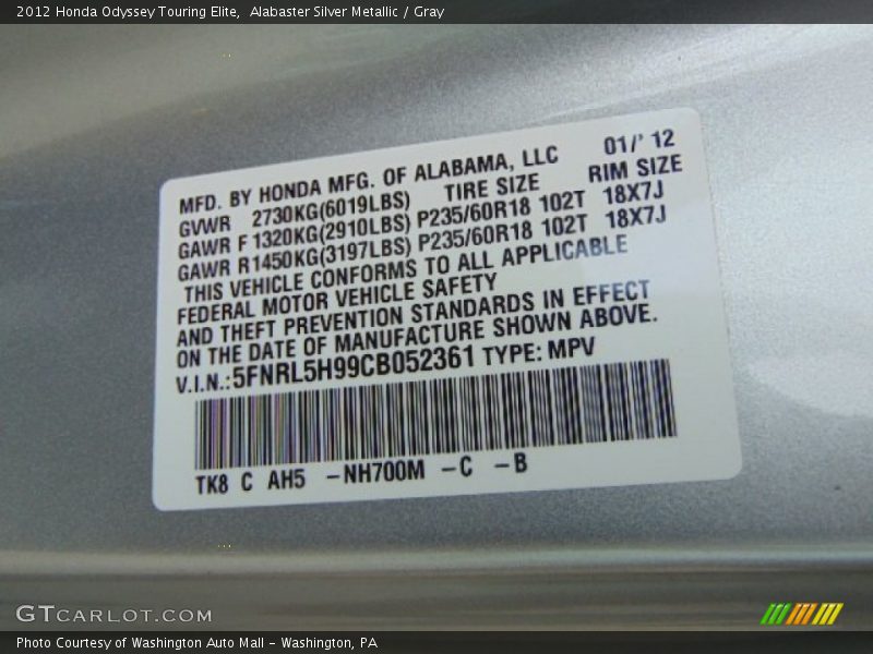 Alabaster Silver Metallic / Gray 2012 Honda Odyssey Touring Elite