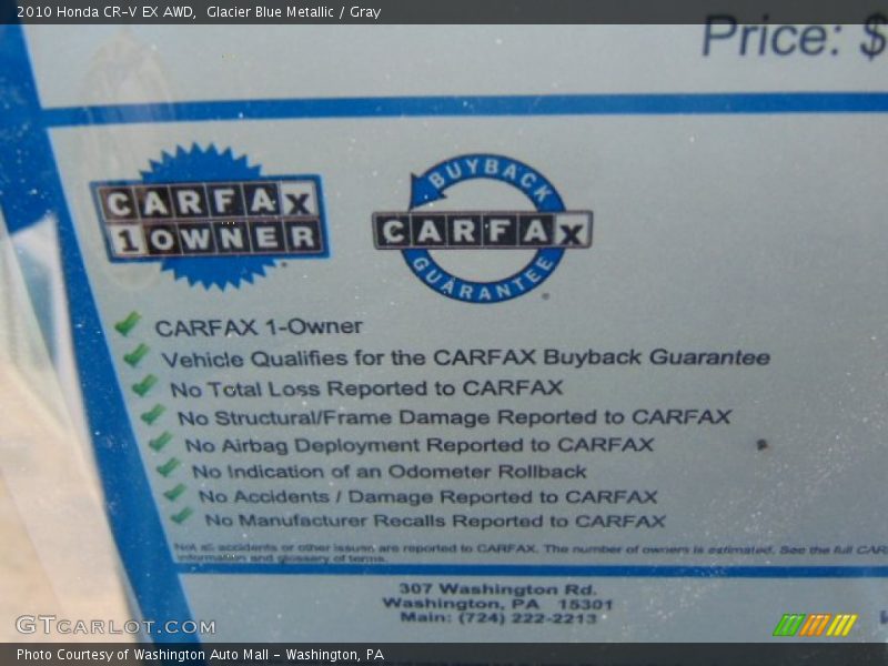 Glacier Blue Metallic / Gray 2010 Honda CR-V EX AWD