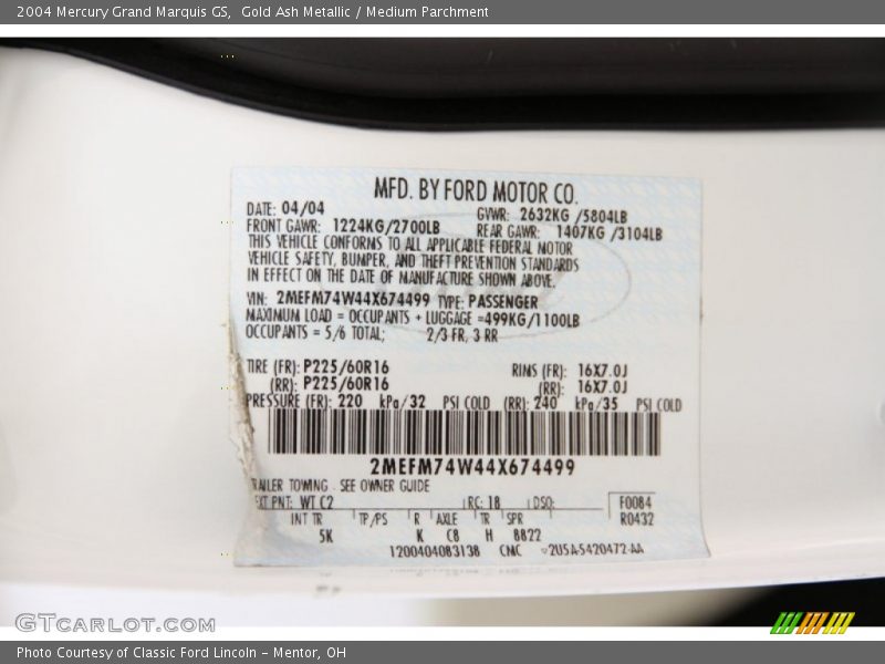 Gold Ash Metallic / Medium Parchment 2004 Mercury Grand Marquis GS
