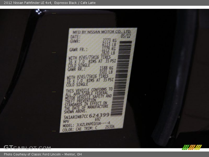 Espresso Black / Cafe Latte 2012 Nissan Pathfinder LE 4x4