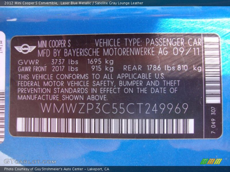 Laser Blue Metallic / Satellite Gray Lounge Leather 2012 Mini Cooper S Convertible