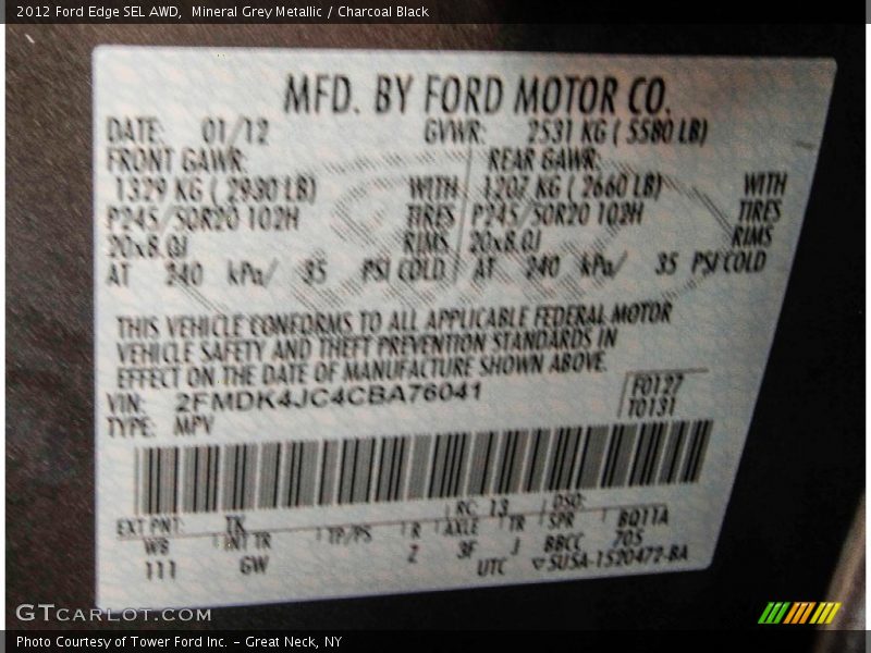 Mineral Grey Metallic / Charcoal Black 2012 Ford Edge SEL AWD