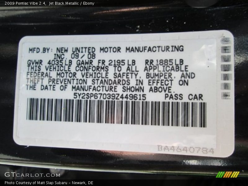Jet Black Metallic / Ebony 2009 Pontiac Vibe 2.4