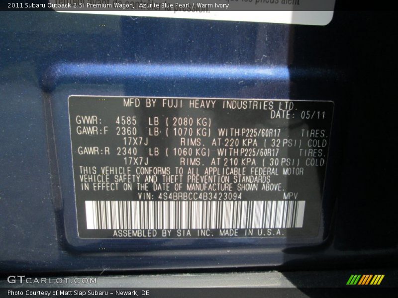 Azurite Blue Pearl / Warm Ivory 2011 Subaru Outback 2.5i Premium Wagon