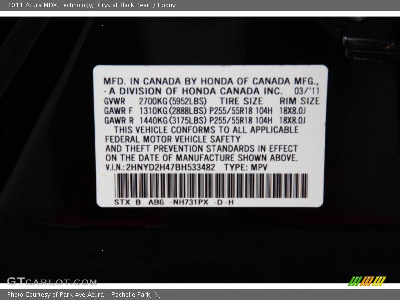 Crystal Black Pearl / Ebony 2011 Acura MDX Technology