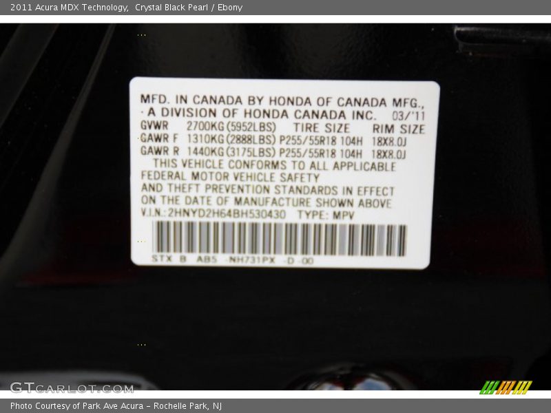 Crystal Black Pearl / Ebony 2011 Acura MDX Technology