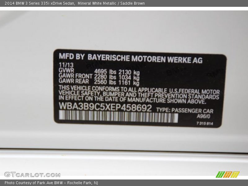 2014 3 Series 335i xDrive Sedan Mineral White Metallic Color Code A96