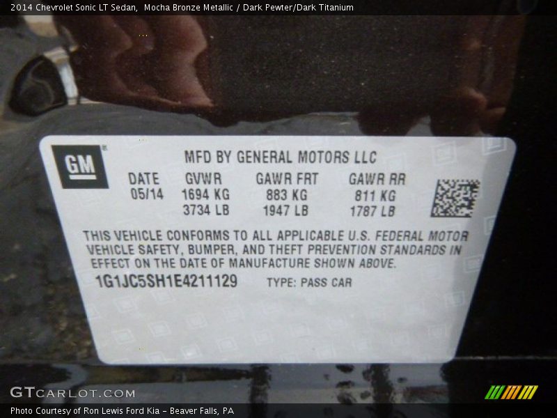 Mocha Bronze Metallic / Dark Pewter/Dark Titanium 2014 Chevrolet Sonic LT Sedan