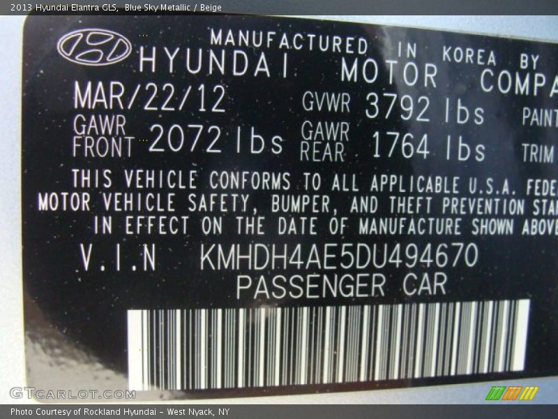 Blue Sky Metallic / Beige 2013 Hyundai Elantra GLS