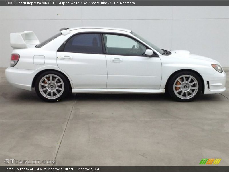 Aspen White / Anthracite Black/Blue Alcantara 2006 Subaru Impreza WRX STi