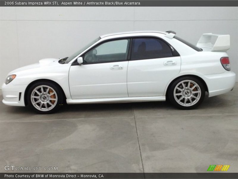 Aspen White / Anthracite Black/Blue Alcantara 2006 Subaru Impreza WRX STi