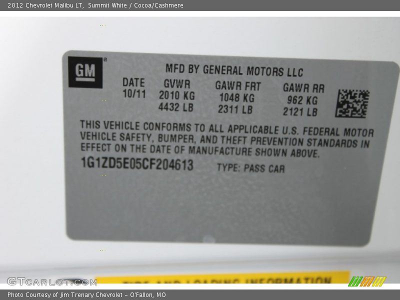 Summit White / Cocoa/Cashmere 2012 Chevrolet Malibu LT