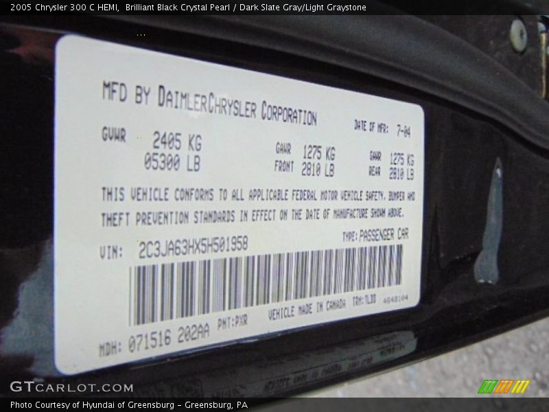Brilliant Black Crystal Pearl / Dark Slate Gray/Light Graystone 2005 Chrysler 300 C HEMI