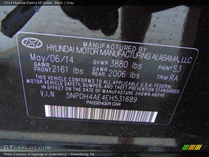 Black / Gray 2014 Hyundai Elantra SE Sedan