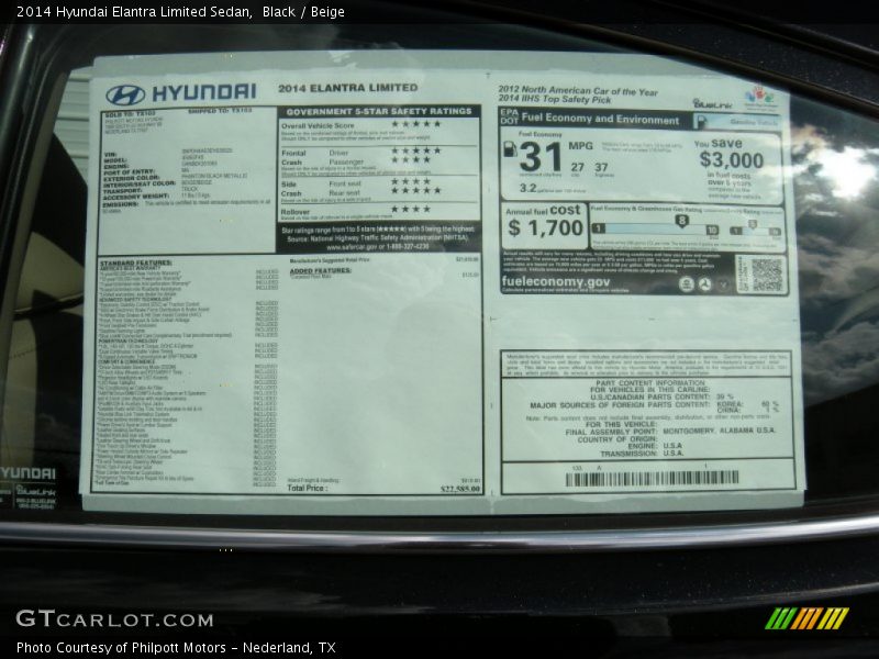 Black / Beige 2014 Hyundai Elantra Limited Sedan