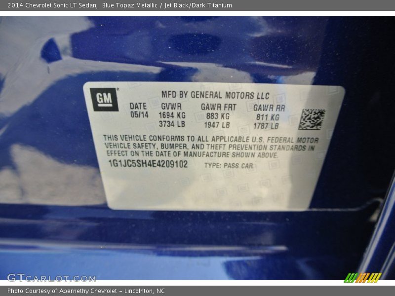 Blue Topaz Metallic / Jet Black/Dark Titanium 2014 Chevrolet Sonic LT Sedan