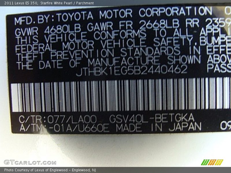 Starfire White Pearl / Parchment 2011 Lexus ES 350