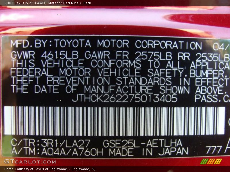 Matador Red Mica / Black 2007 Lexus IS 250 AWD