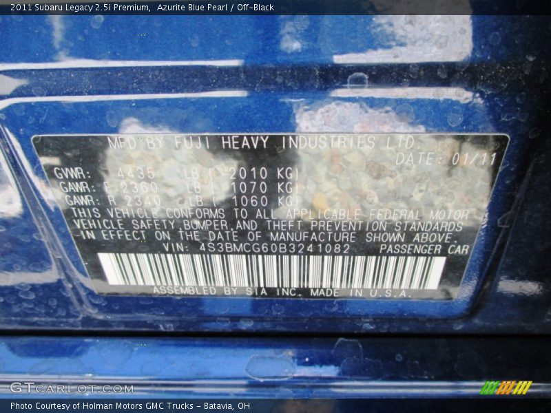 Azurite Blue Pearl / Off-Black 2011 Subaru Legacy 2.5i Premium