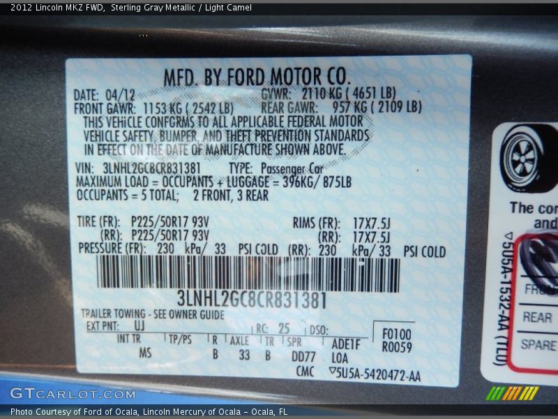Sterling Gray Metallic / Light Camel 2012 Lincoln MKZ FWD