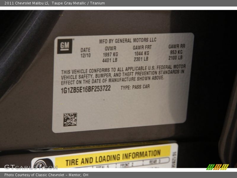 Taupe Gray Metallic / Titanium 2011 Chevrolet Malibu LS