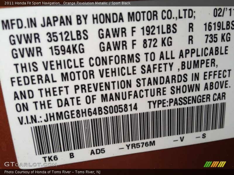 2011 Fit Sport Navigation Orange Revolution Metallic Color Code YR576M