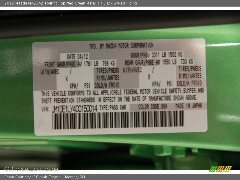 Spirted Green Metallic / Black w/Red Piping 2012 Mazda MAZDA2 Touring