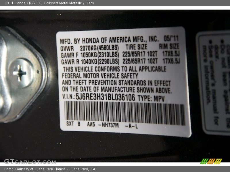 Polished Metal Metallic / Black 2011 Honda CR-V LX