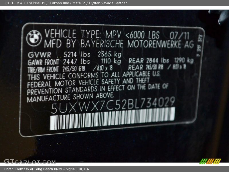 Carbon Black Metallic / Oyster Nevada Leather 2011 BMW X3 xDrive 35i