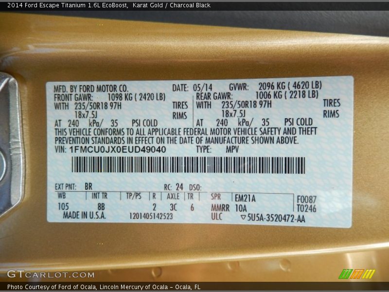 2014 Escape Titanium 1.6L EcoBoost Karat Gold Color Code BR