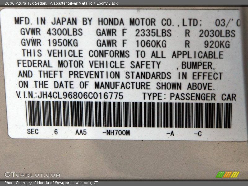 Alabaster Silver Metallic / Ebony Black 2006 Acura TSX Sedan