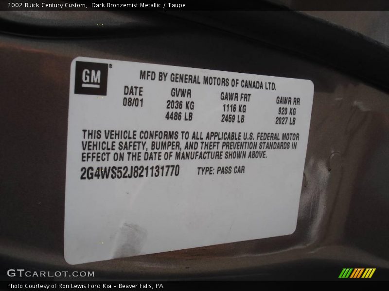Dark Bronzemist Metallic / Taupe 2002 Buick Century Custom