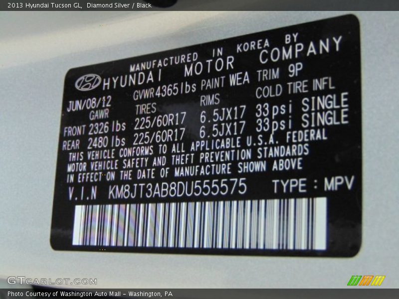 Diamond Silver / Black 2013 Hyundai Tucson GL