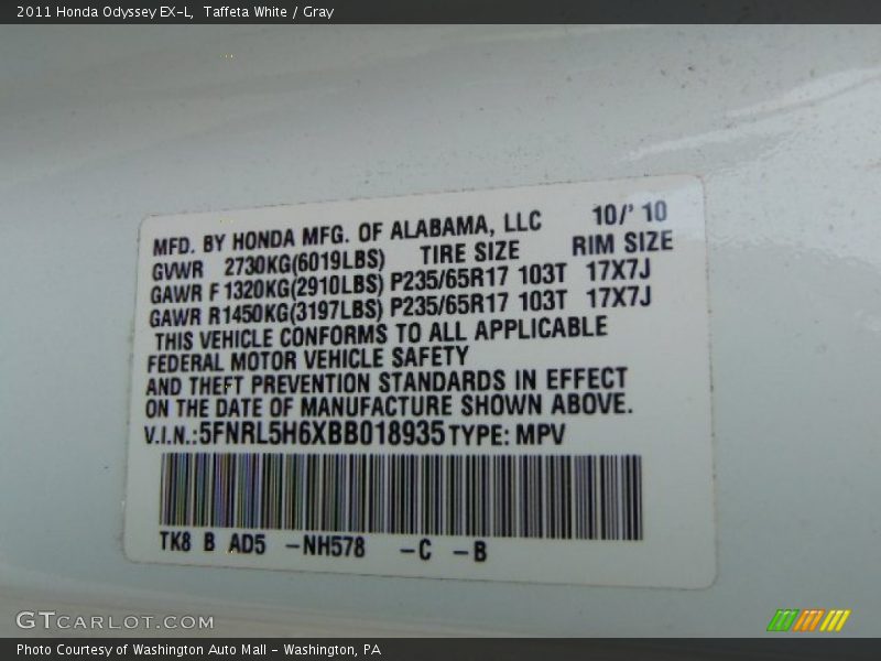 Taffeta White / Gray 2011 Honda Odyssey EX-L