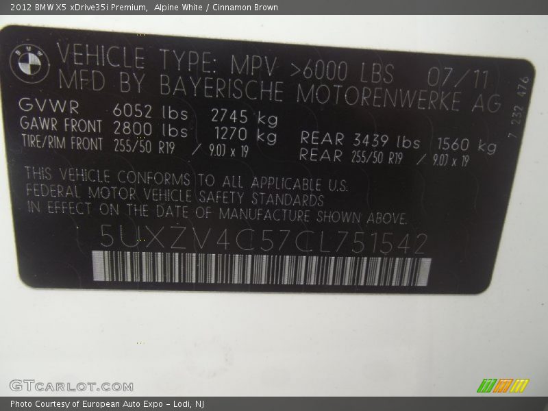 Alpine White / Cinnamon Brown 2012 BMW X5 xDrive35i Premium