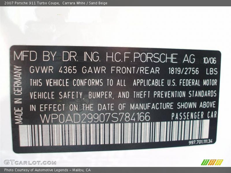 Carrara White / Sand Beige 2007 Porsche 911 Turbo Coupe