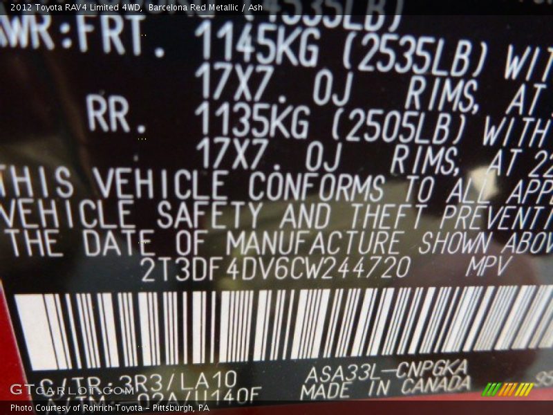 Barcelona Red Metallic / Ash 2012 Toyota RAV4 Limited 4WD