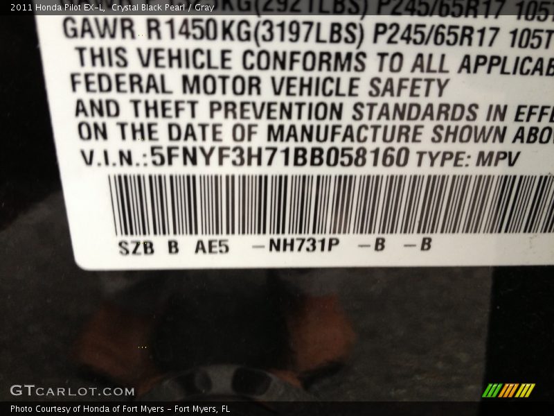 Crystal Black Pearl / Gray 2011 Honda Pilot EX-L