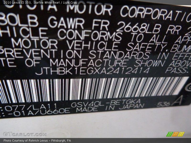 Starfire White Pearl / Light Gray 2010 Lexus ES 350
