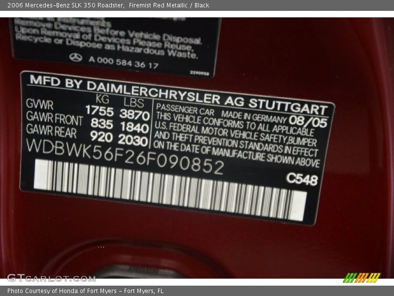 2006 SLK 350 Roadster Firemist Red Metallic Color Code 548