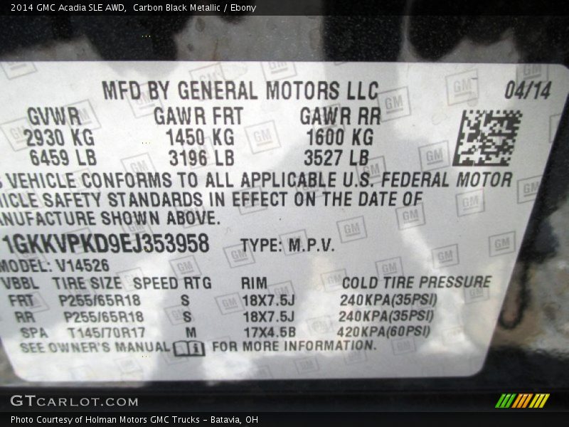 Carbon Black Metallic / Ebony 2014 GMC Acadia SLE AWD