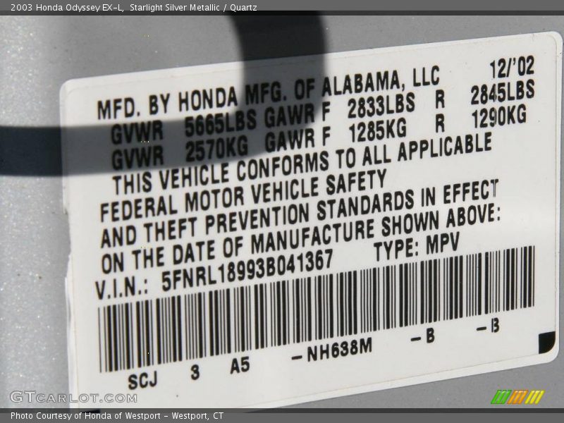 Starlight Silver Metallic / Quartz 2003 Honda Odyssey EX-L