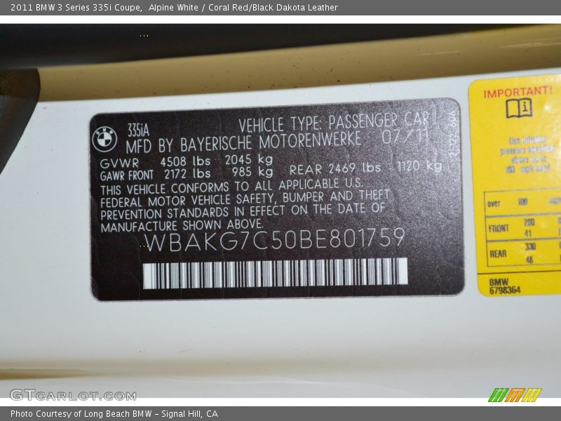 Alpine White / Coral Red/Black Dakota Leather 2011 BMW 3 Series 335i Coupe