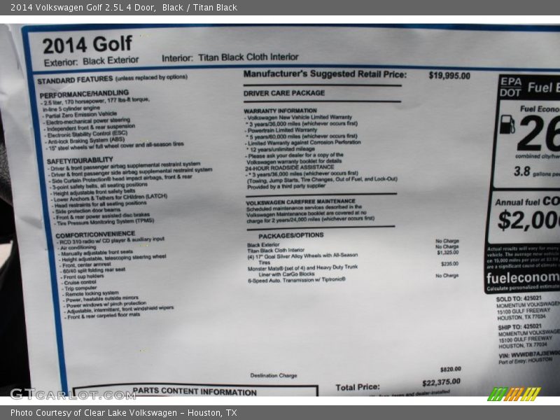 Black / Titan Black 2014 Volkswagen Golf 2.5L 4 Door